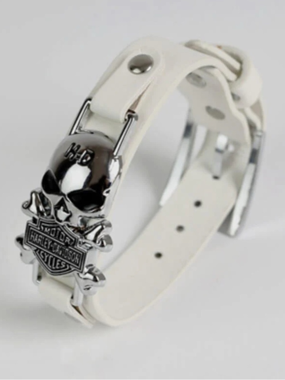 Harley-Davidson White Leather Skull Bracelet with Chrome Emblem